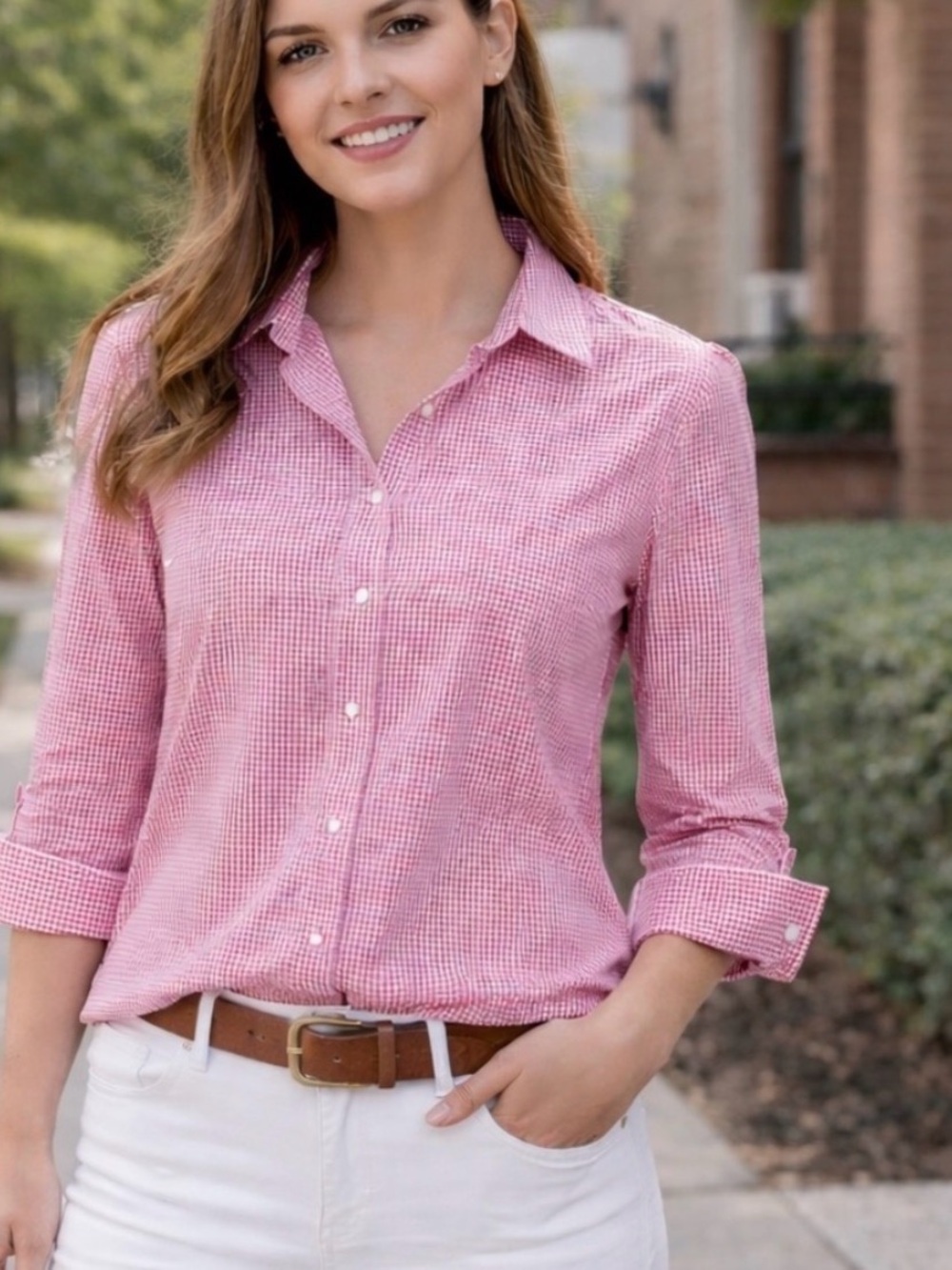 Lands' End Pink Gingham Button-Down Shirt